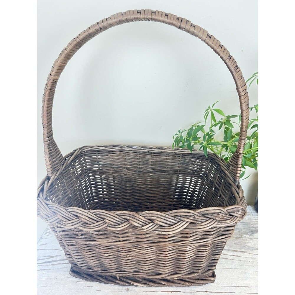 Vintage Rustic Mid Century Dark Brown Primitive Gathering Basket High Handle 18”